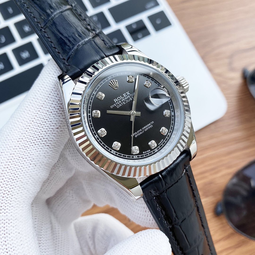 DATEJUST 41 STAINLESS STEEL DIAMOND NUMERALS LEATHER STRAP