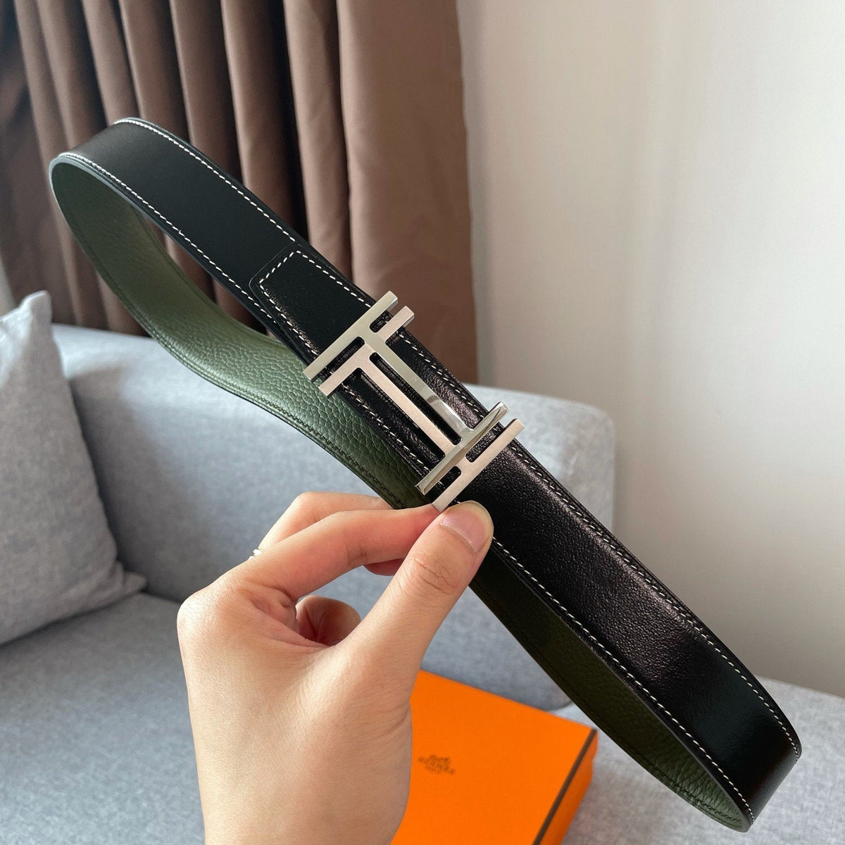 DOUBLE H REVERSIBLE BELT 32MM SILVER BUCKLE BLACK DARK GREEN LEATHER