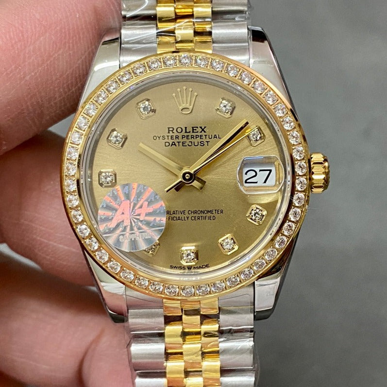 DATEJUST 31MM GOLD STEEL DIAMOND BEZEL YELLOW DIAL