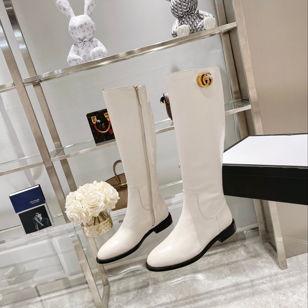 GG CLASSIC KNEE HIGH BOOTS IN WHITE IMPORTED CALFSKIN