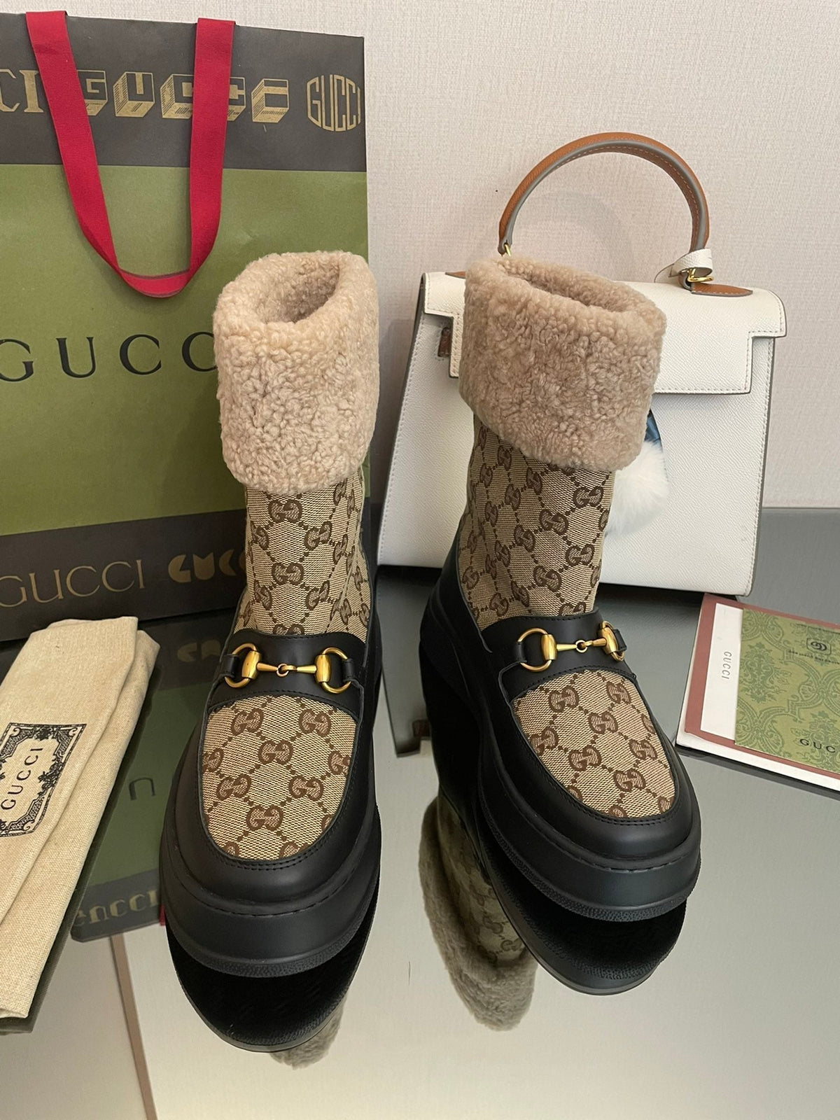 HORSEBIT SNOW ANKLE BOOTS IN ECRU BEIGE MONOGRAM JACQUARD FABRIC MIX BLACK CALFSKIN AND LAMB WOOL LINING