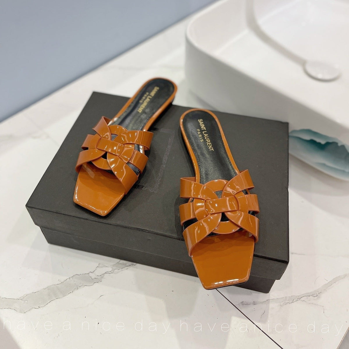 SL TRIBUTE SLIPPERS GLOSSY COPPER CALFSKIN