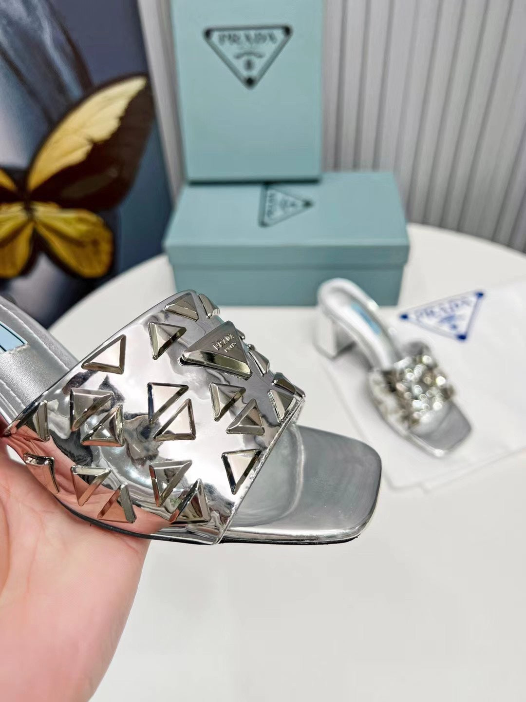 PRA EMBROIDERED SANDALS 65 SILVER CALFSKIN
