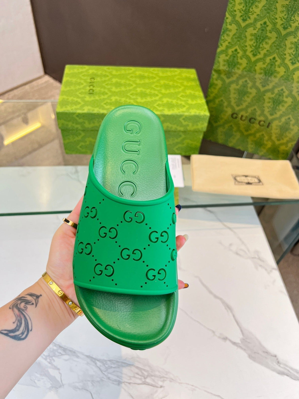 PLATFORM SANDALS IN EMERALD GREEN MONOGRAM IMPORTED TPU