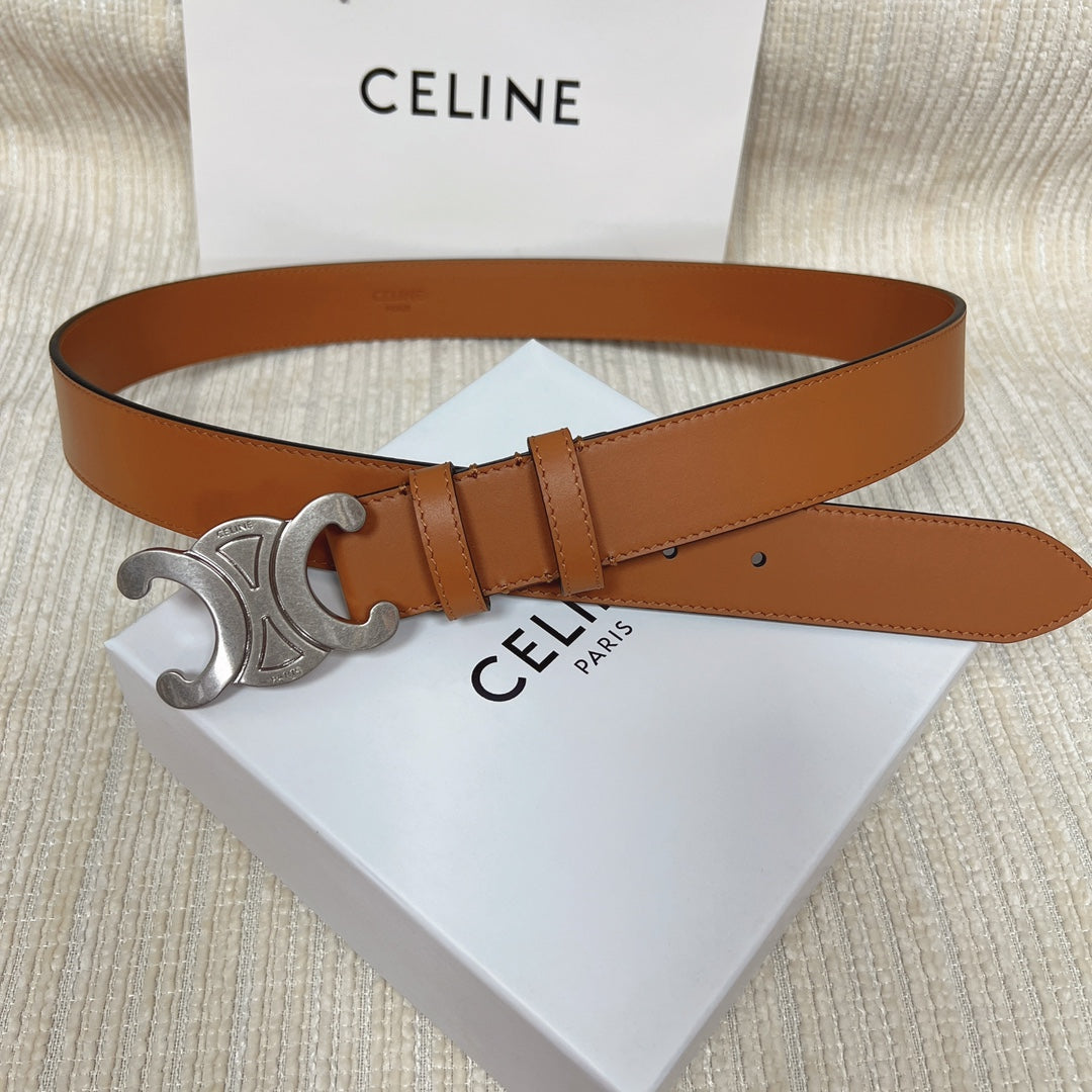 Medium Triomphe Belt 25mm Tan Calfskin Silver Finishing