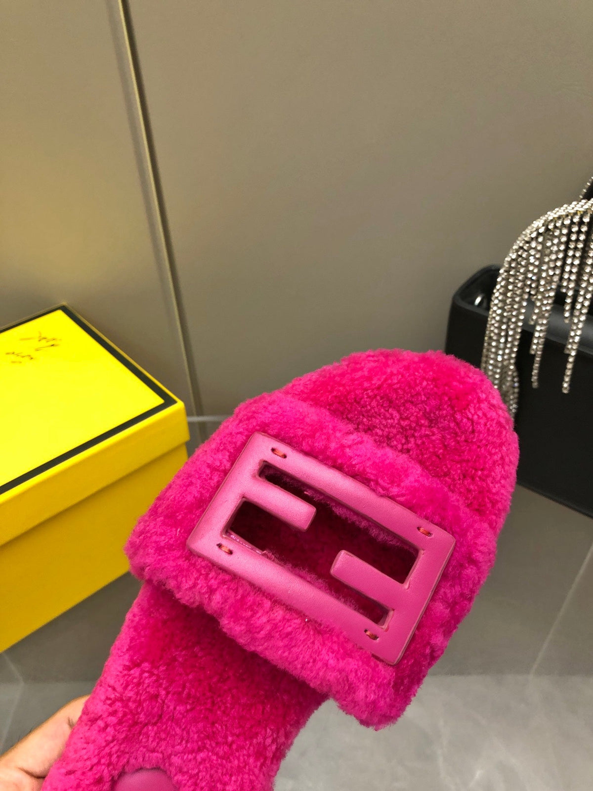 FENDI BAGUETTE SLIDE SLIPPERS IN DEEP PINK WOOL