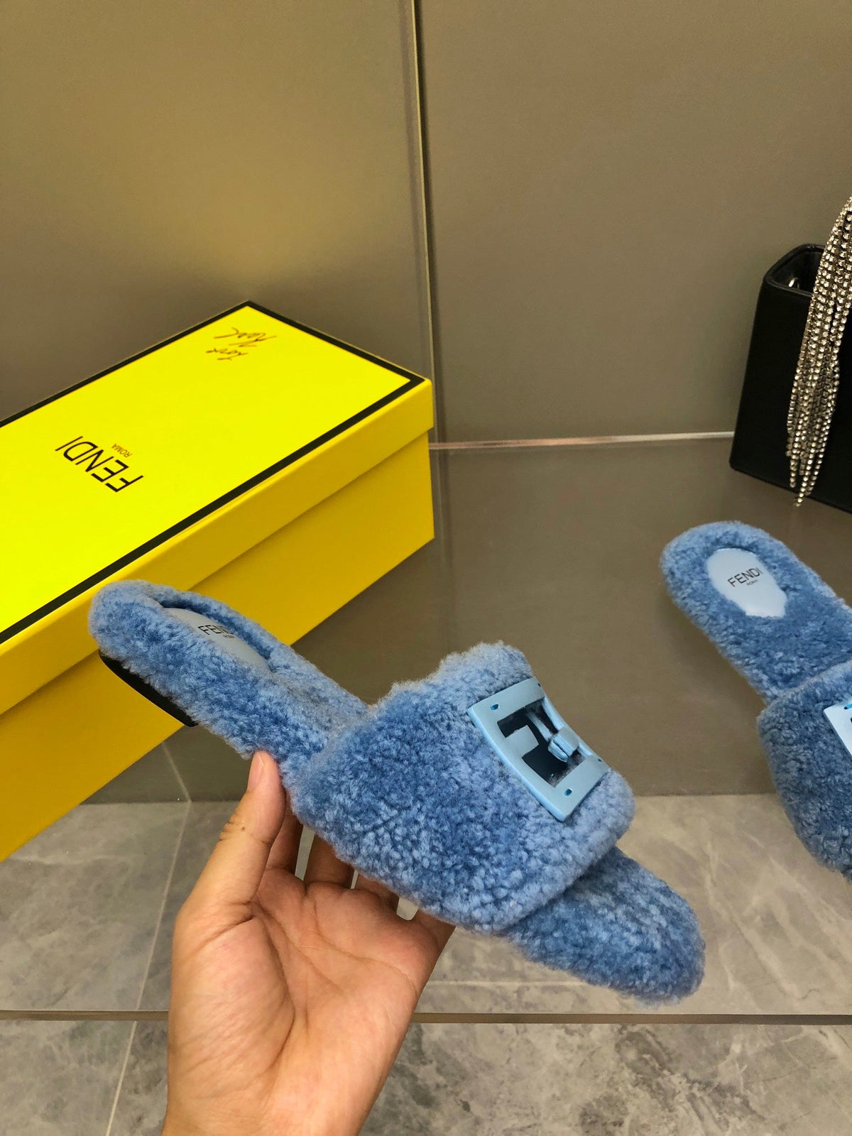 FENDI BAGUETTE SLIDE SLIPPERS IN CERULEAN BLUE WOOL