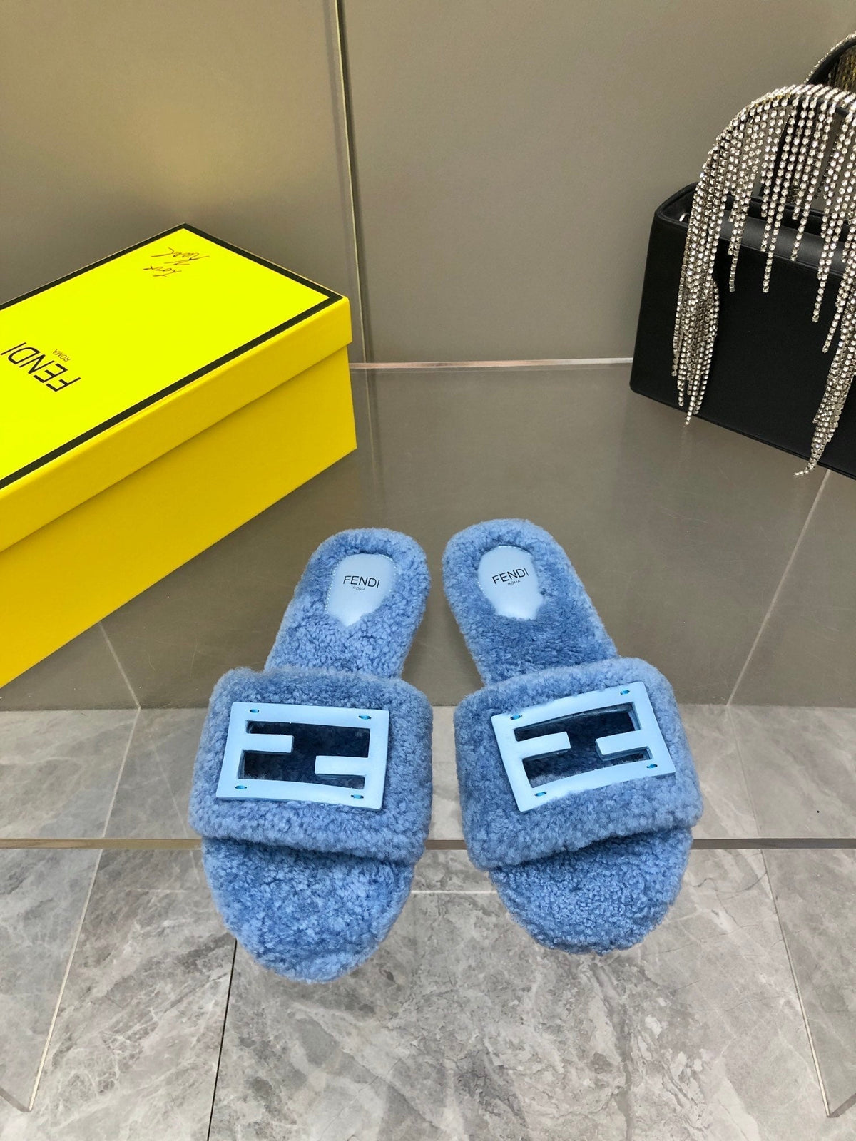 FENDI BAGUETTE SLIDE SLIPPERS IN CERULEAN BLUE WOOL