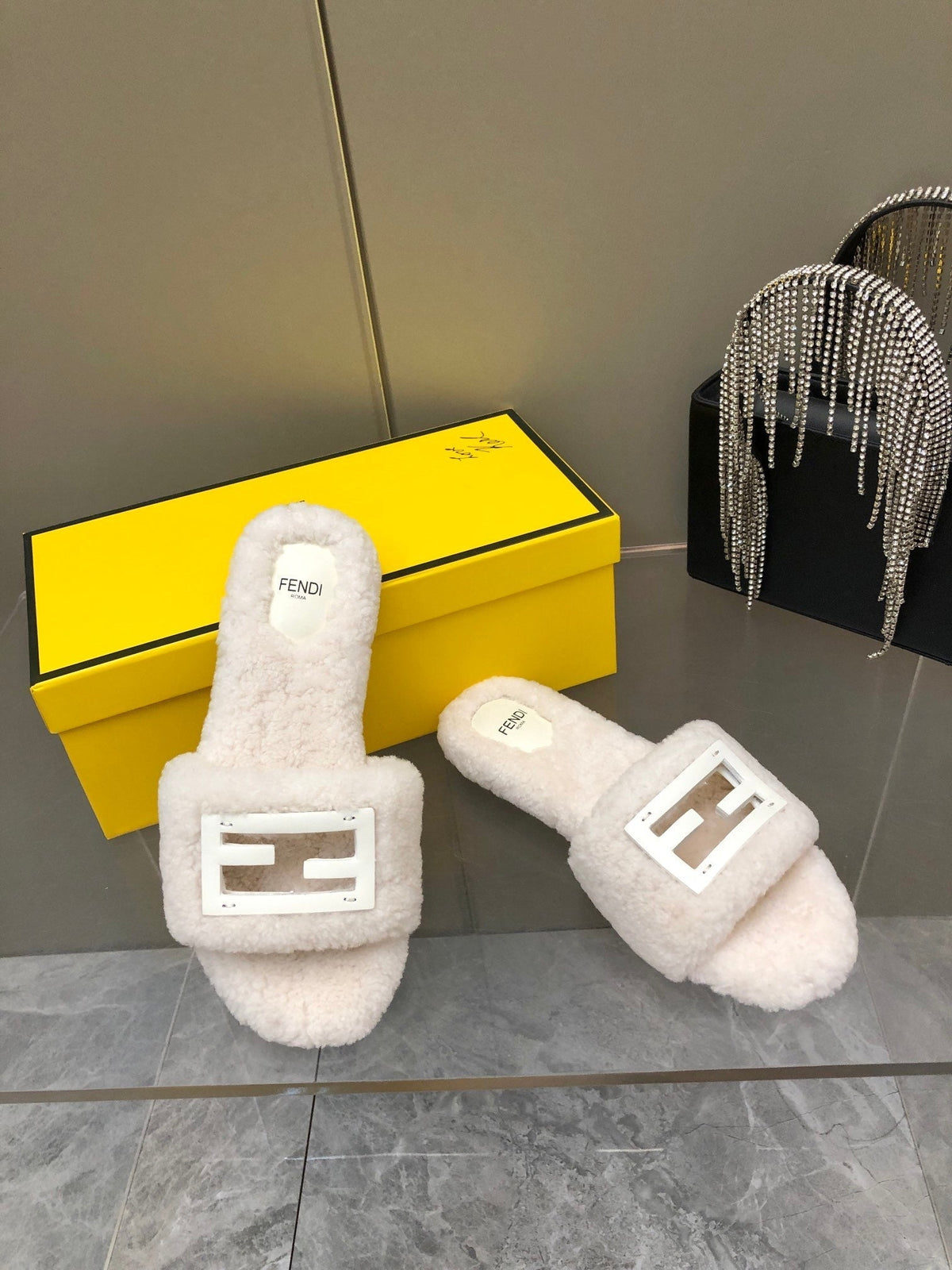 FENDI BAGUETTE SLIDE SLIPPERS IN WHITE WOOL