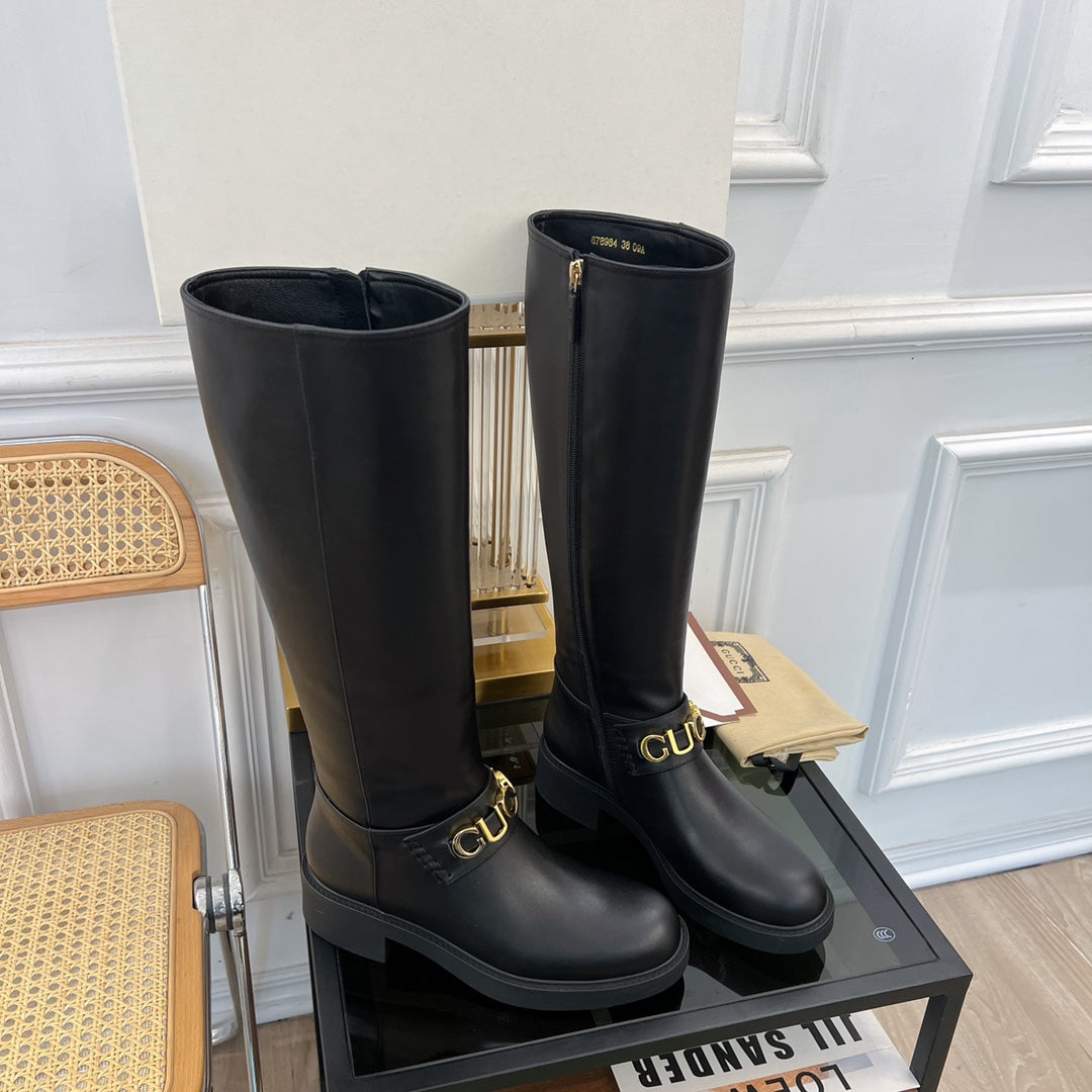 GG CLASSIC LOGO KNEE HIGH BOOTS IN BLACK CALFSKIN