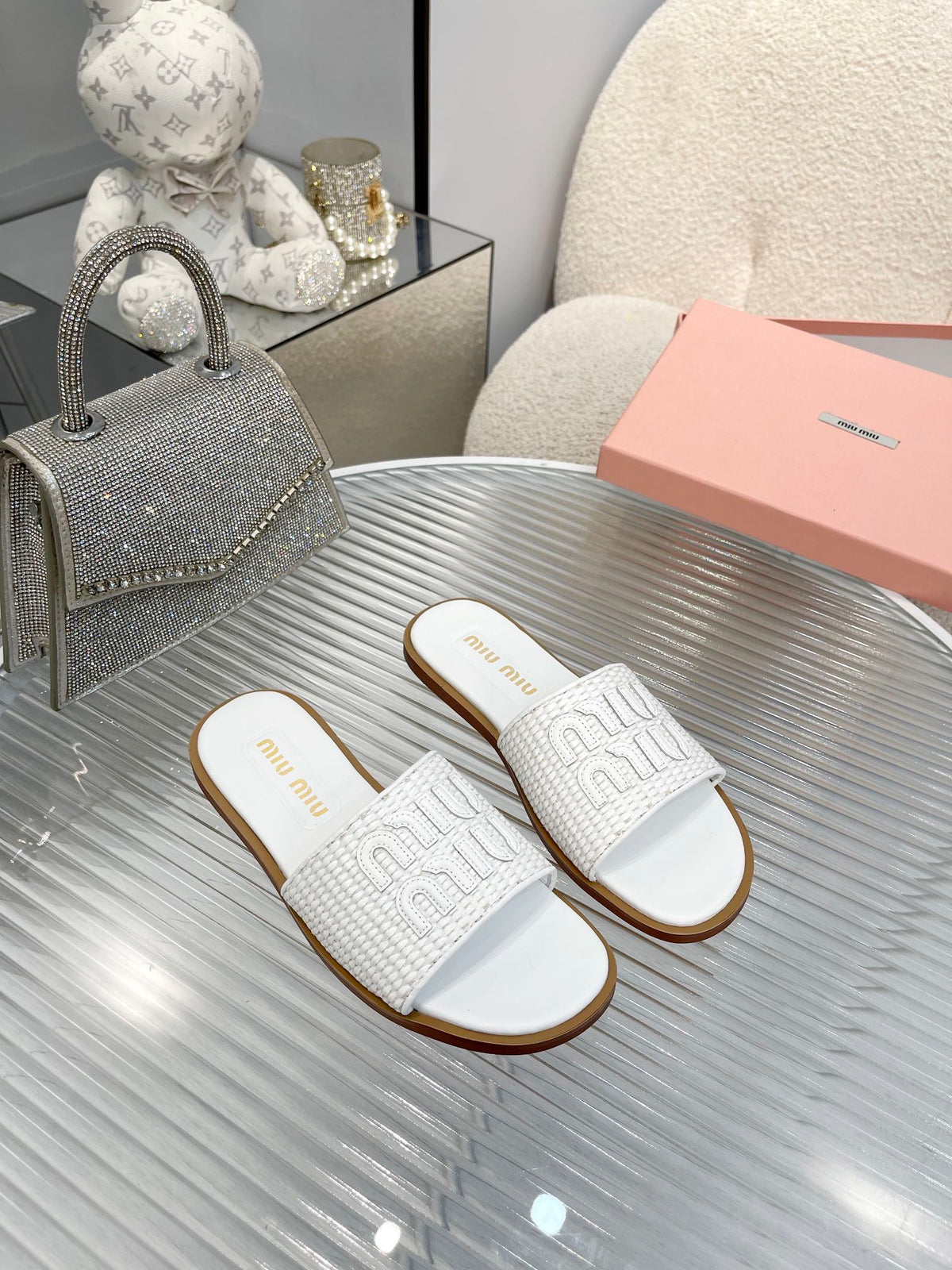 Slippers White Leather With Sedge Straps