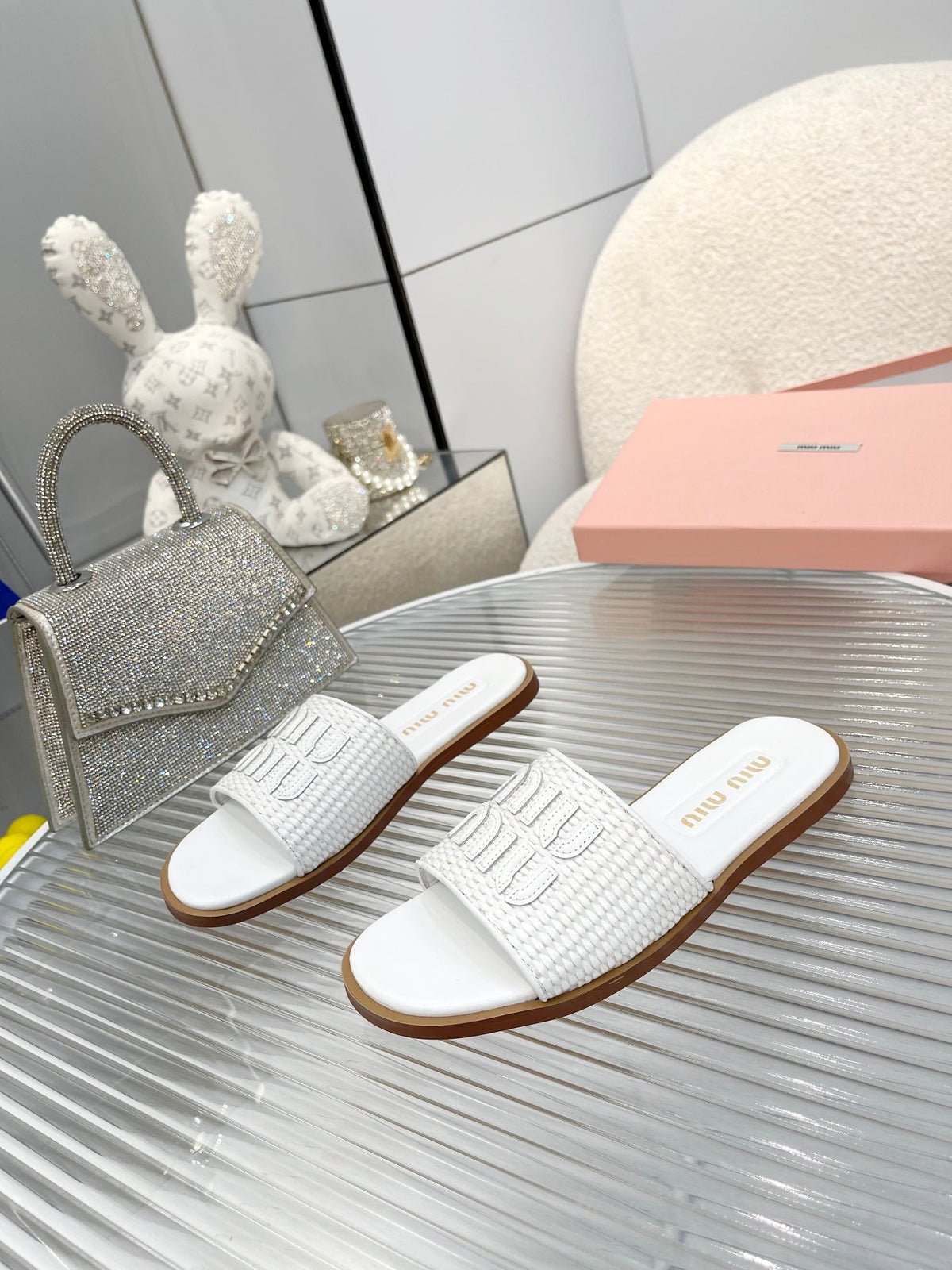 Slippers White Leather With Sedge Straps