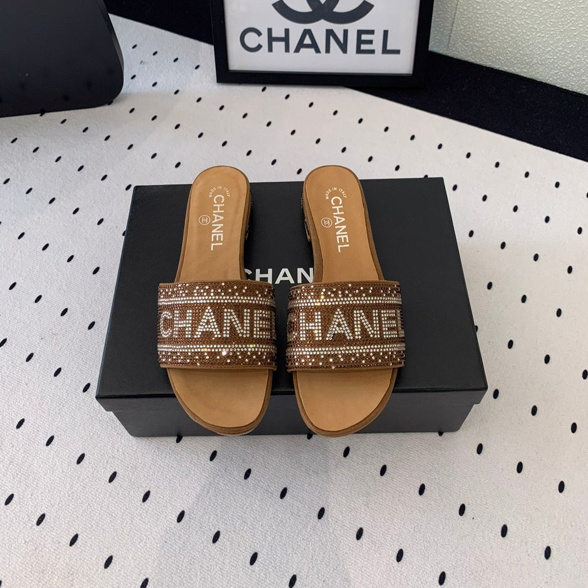 CC RHINESTONE LETTER SLIPPERS CINNAMON BROWN LAMBSKIN
