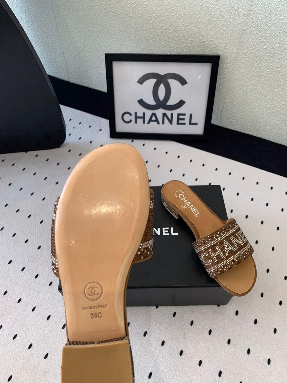 CC RHINESTONE LETTER SLIPPERS CINNAMON BROWN LAMBSKIN