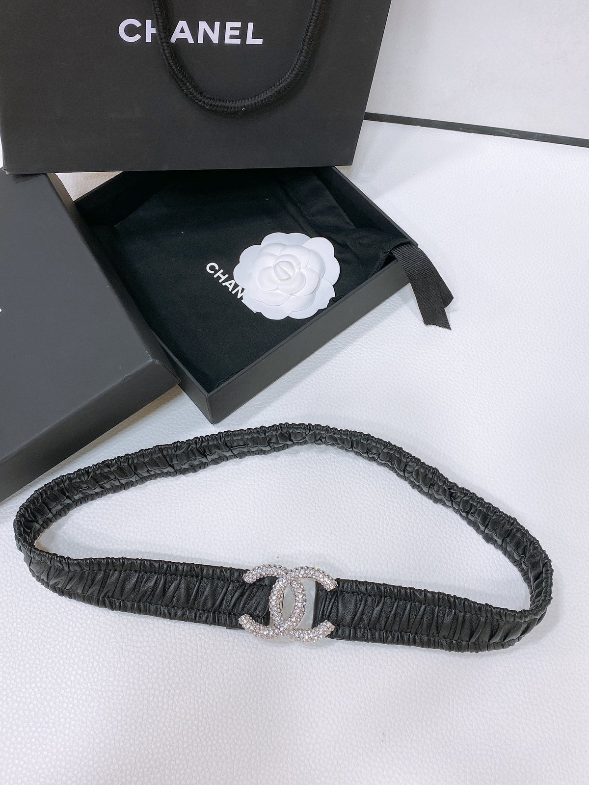 CC ELASTIC BELT 30MM IN BLACK CALFSKIN SILVER HARDWARE WITH RHINSTONES