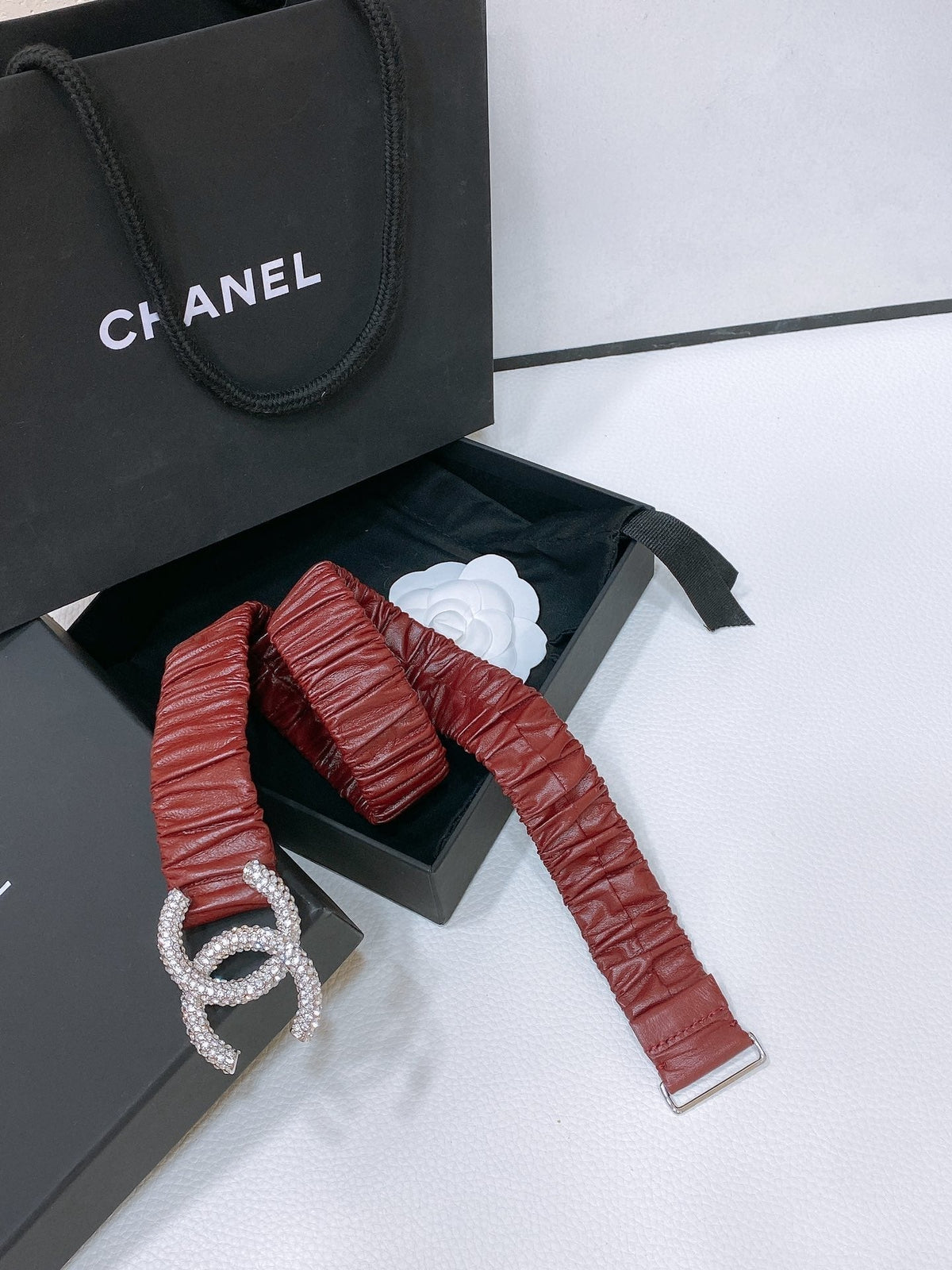 CC ELASTIC BELT 30MM IN WINE RED CALFSKIN SILVER HARDWARE WITH RHINSTONES
