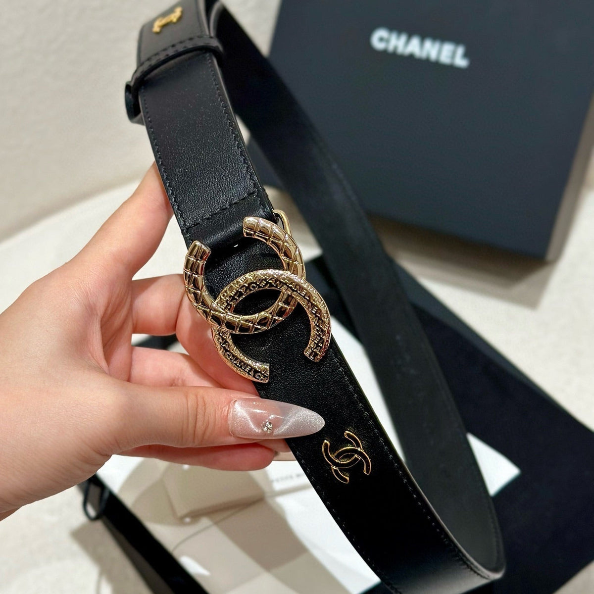 DOUBLE C BELT 30MM IN BLACK CALFSKIN GOLD BUCKLE WITH EMBOSSED CHECK PATTERN