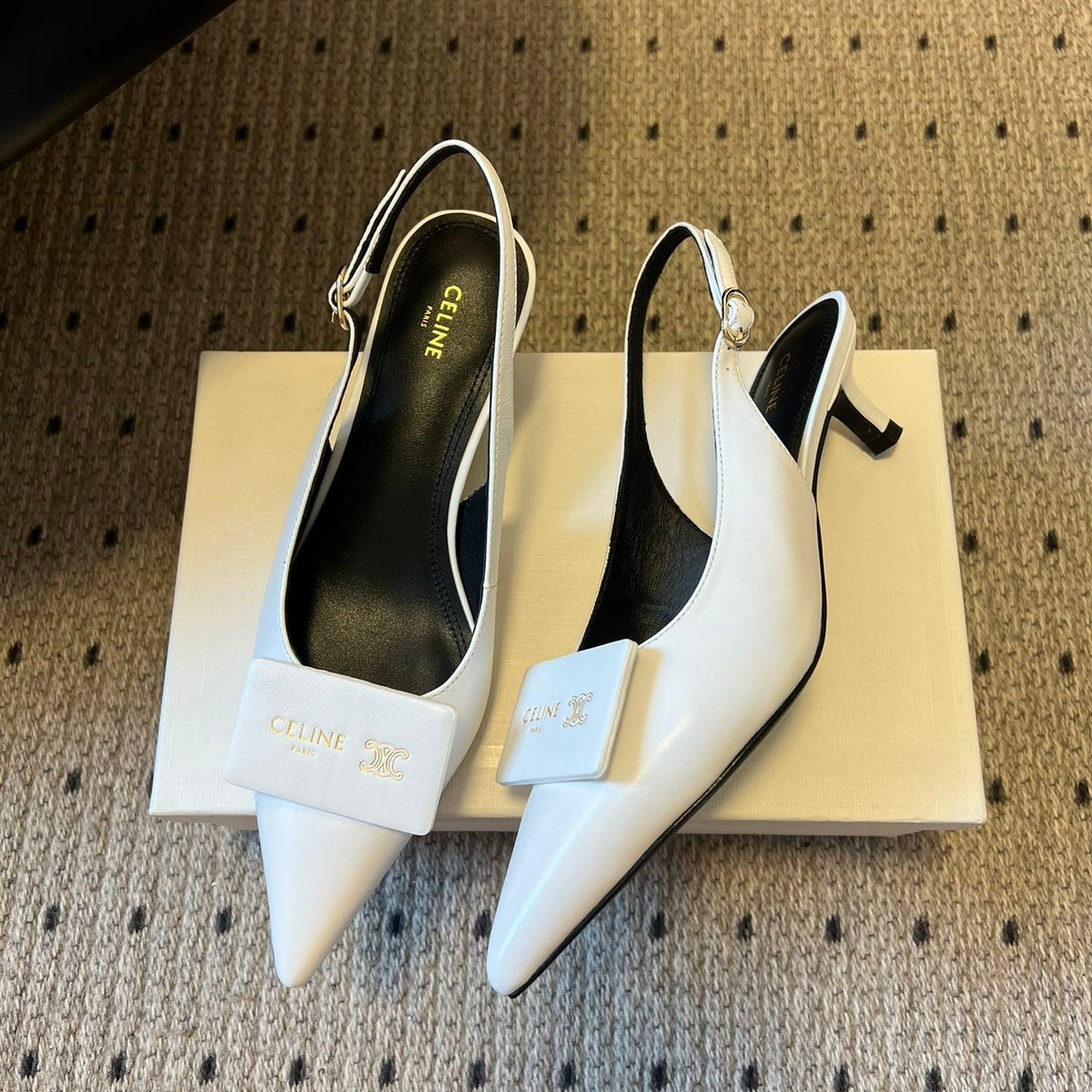 Celine 26 Pointed-Toe Slingback White Sheepskin 619636