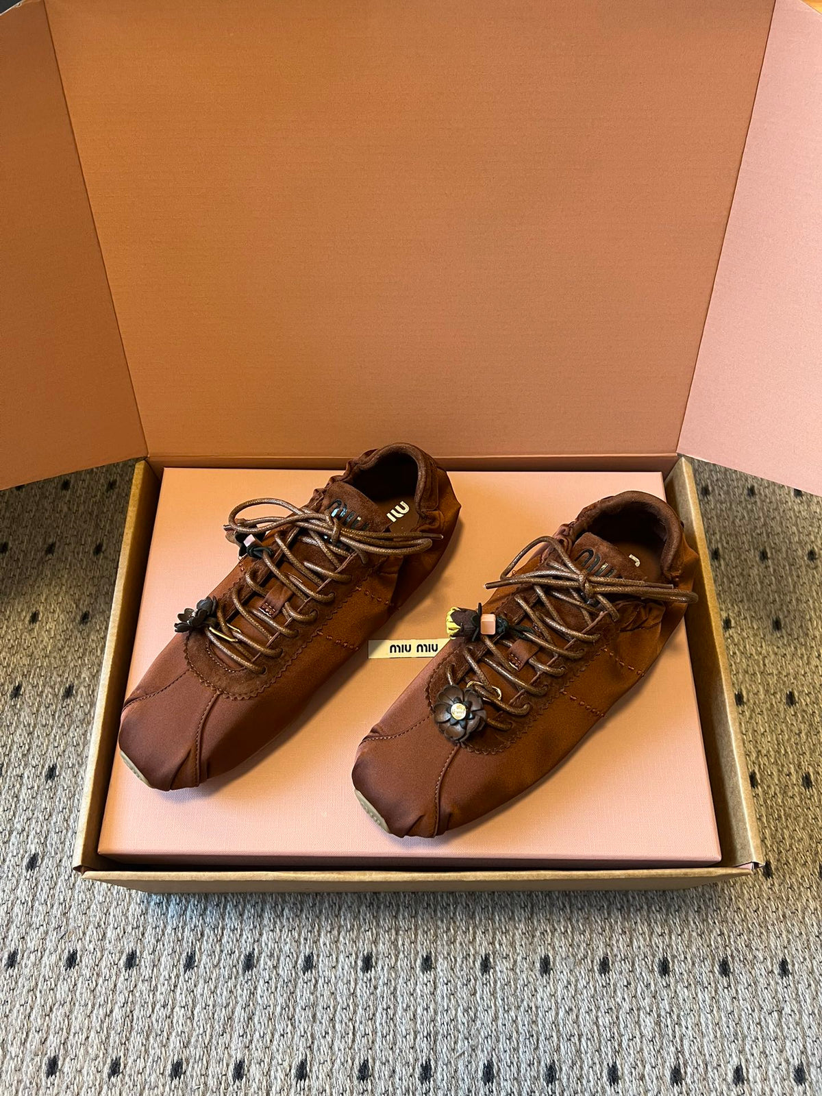 Miu Miu 2026 Plume Sneaker With Floral Charm Dark Brown Satin 621343