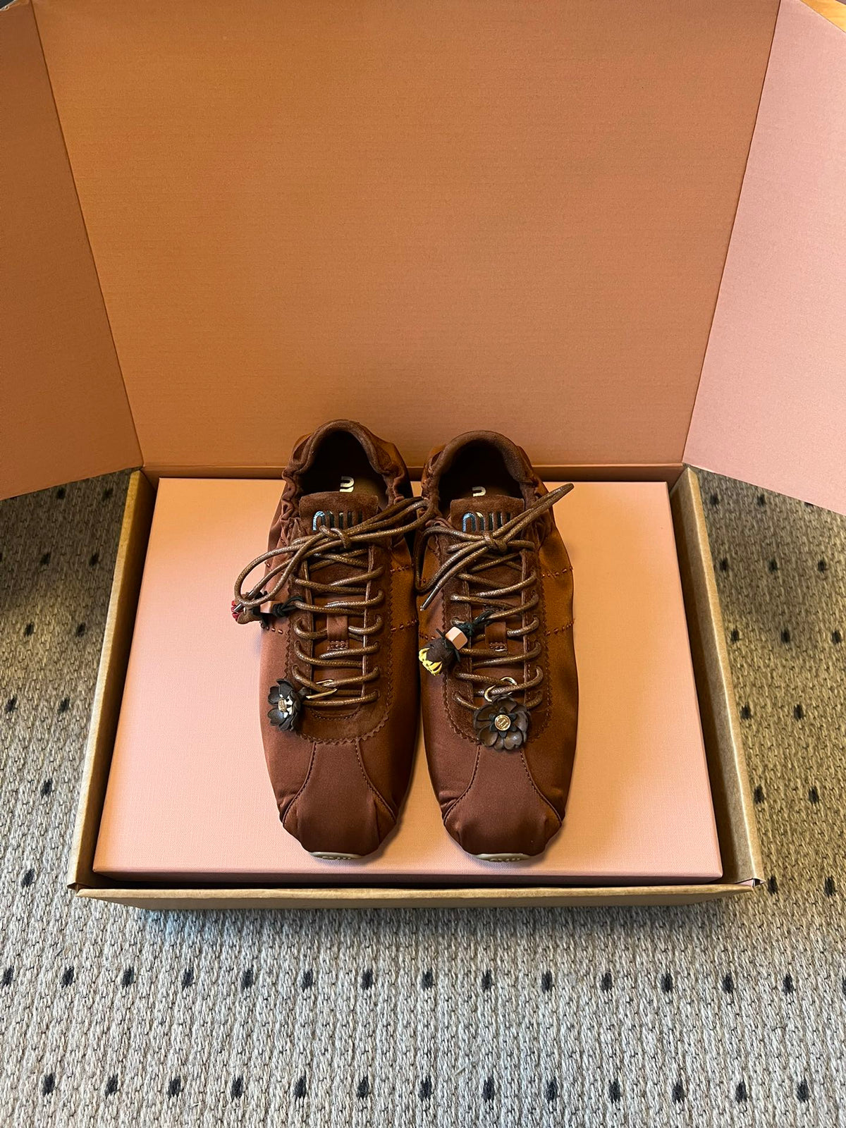 Miu Miu 2026 Plume Sneaker With Floral Charm Dark Brown Satin 621343