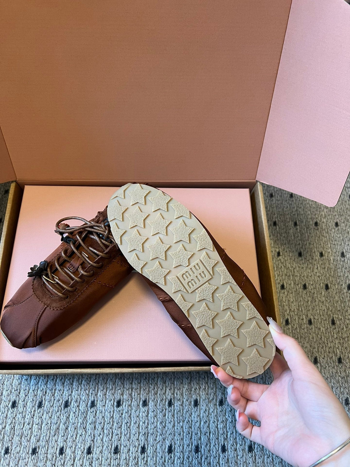 Miu Miu 2026 Plume Sneaker With Floral Charm Dark Brown Satin 621343