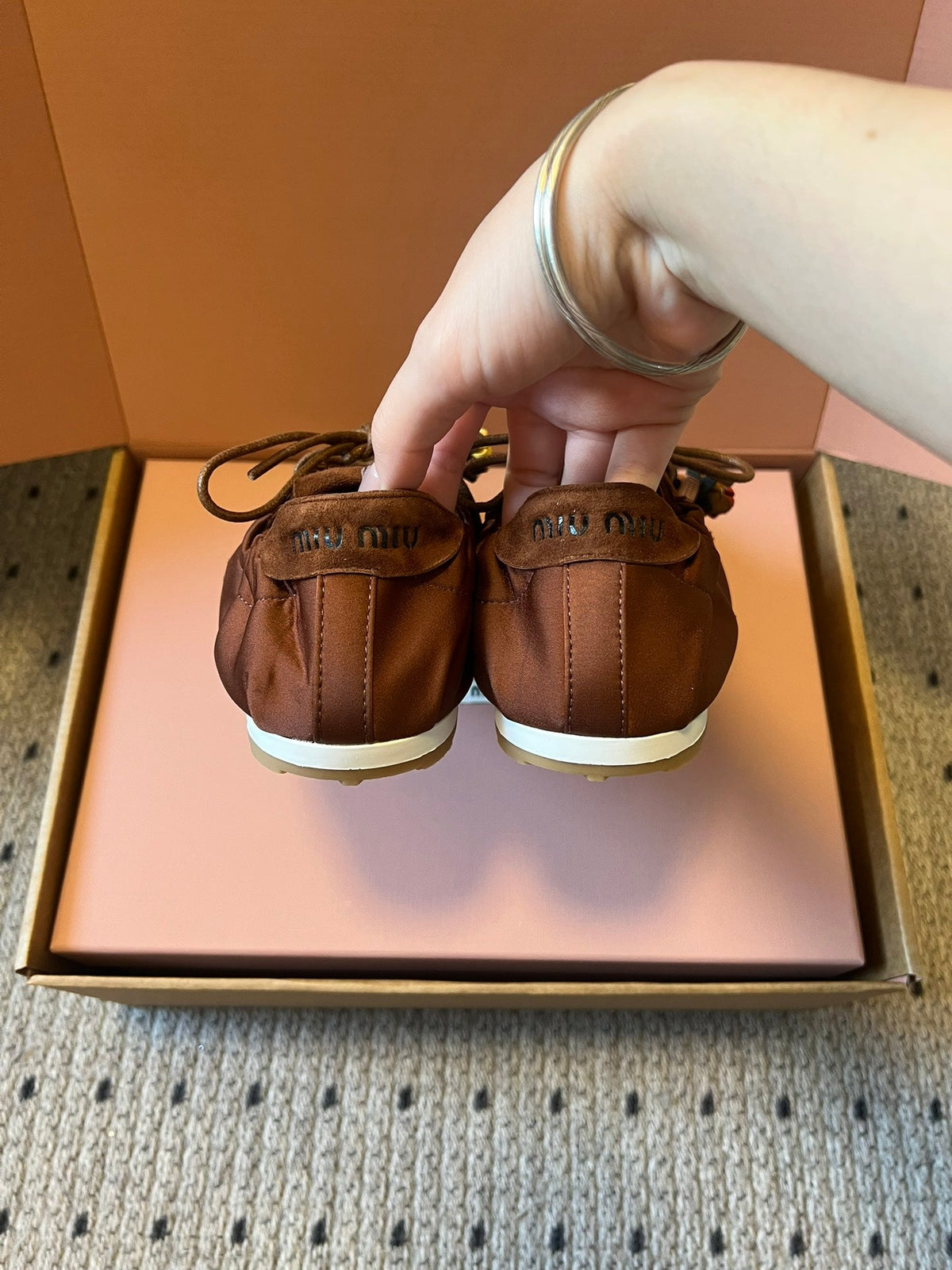 Miu Miu 2026 Plume Sneaker With Floral Charm Dark Brown Satin 621343