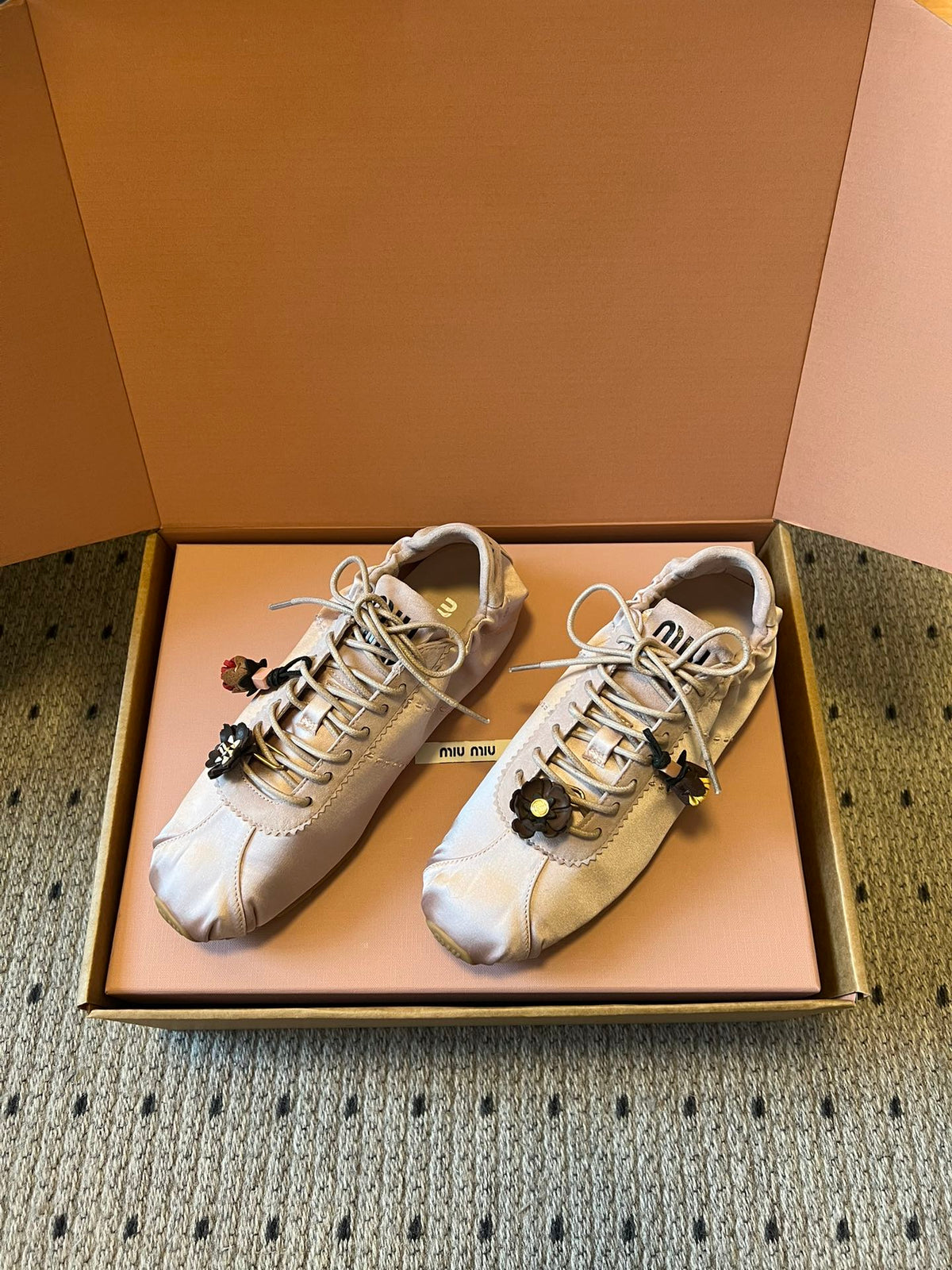 Miu Miu 2026 Plume Sneaker With Floral Charm Pink Satin 621345