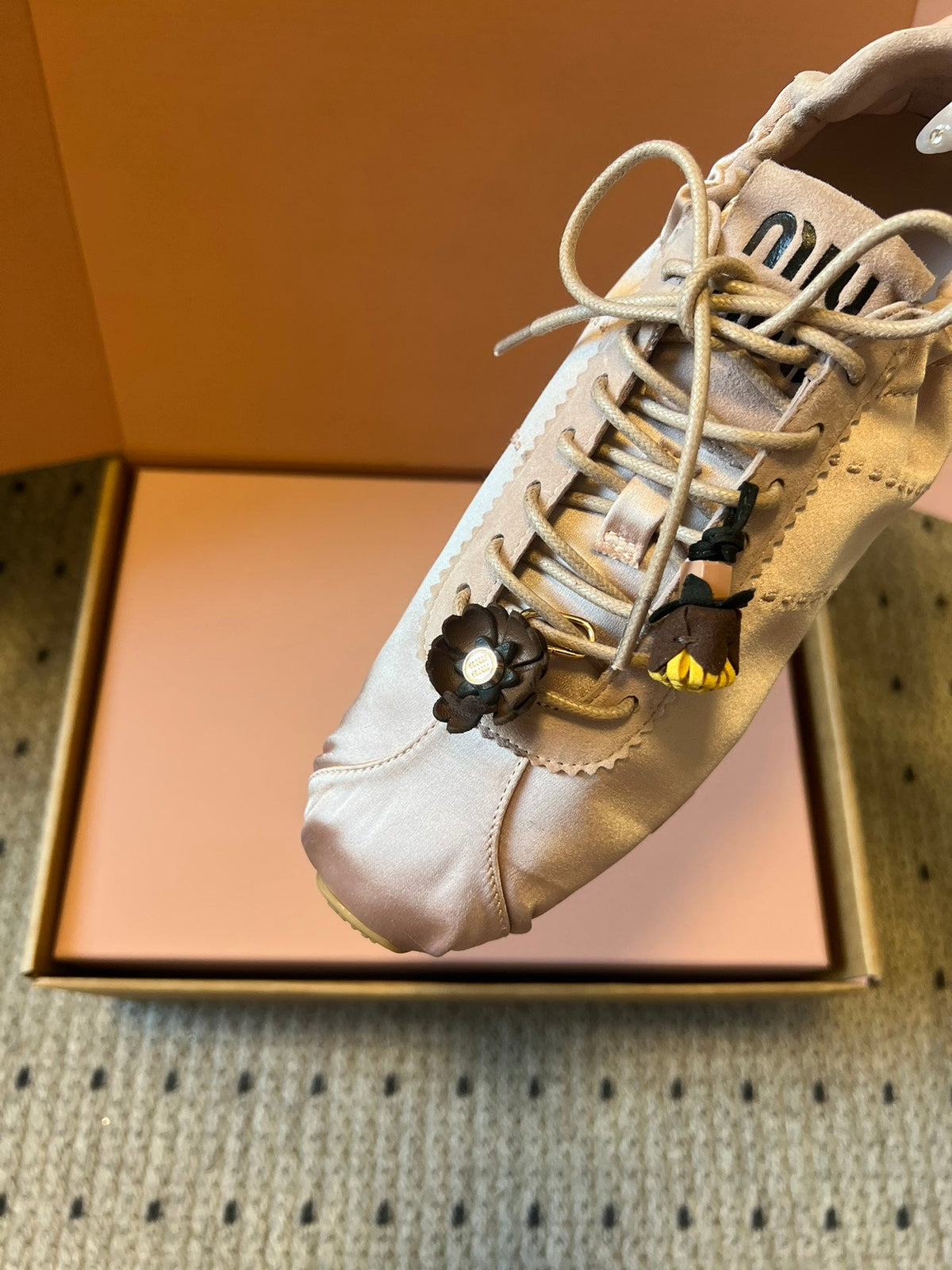Miu Miu 2026 Plume Sneaker With Floral Charm Pink Satin 621345