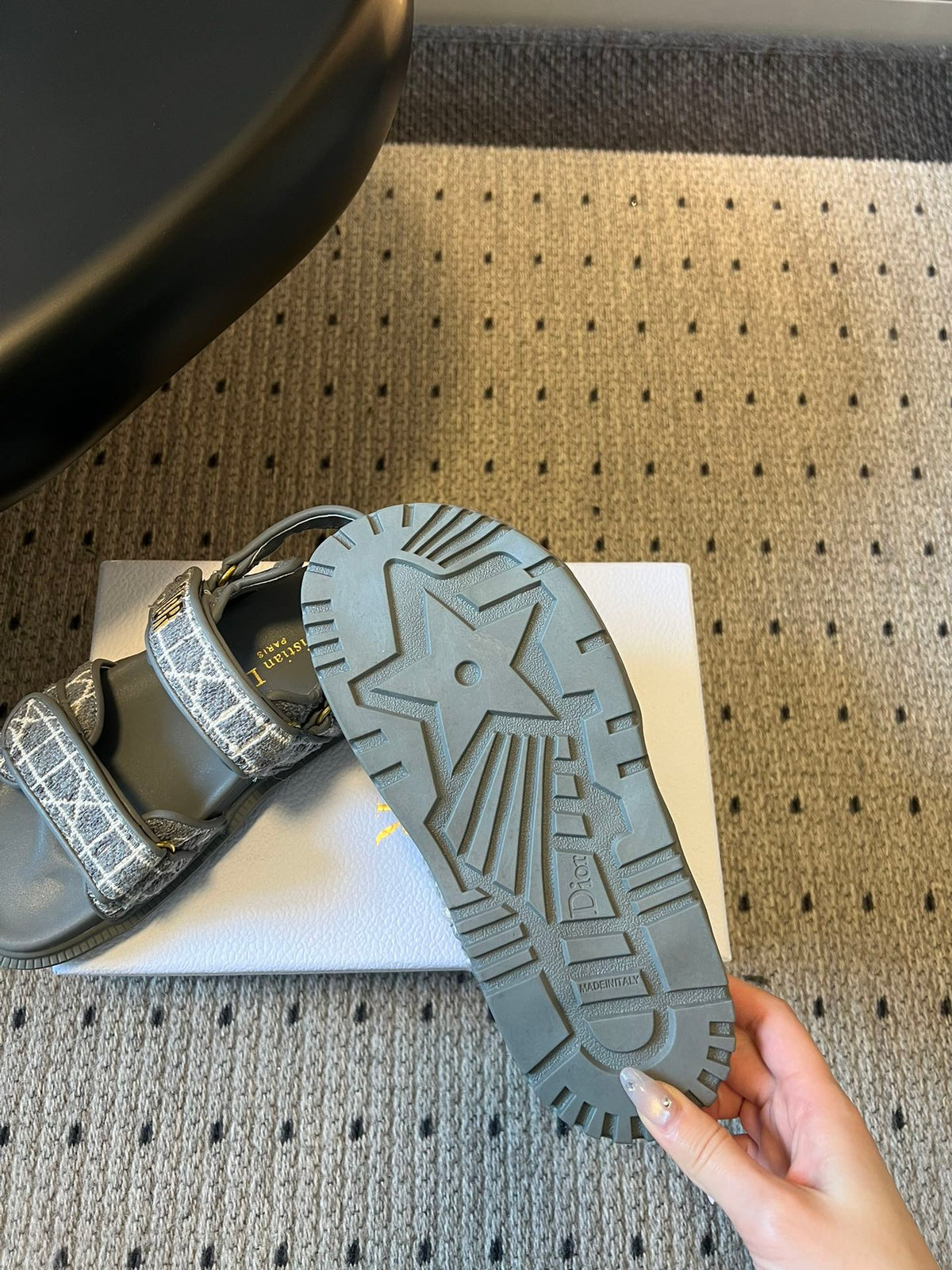 CD 26 Flats Sandals Gray Blue Sheepskin Embroidered Fabric 621800
