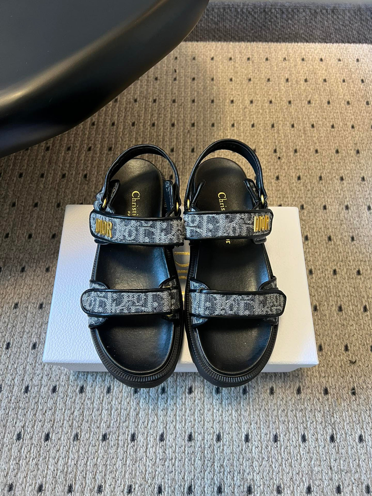 CD 26 Platform Sandals Black Blue Sheepskin Embroidered Fabric 621795