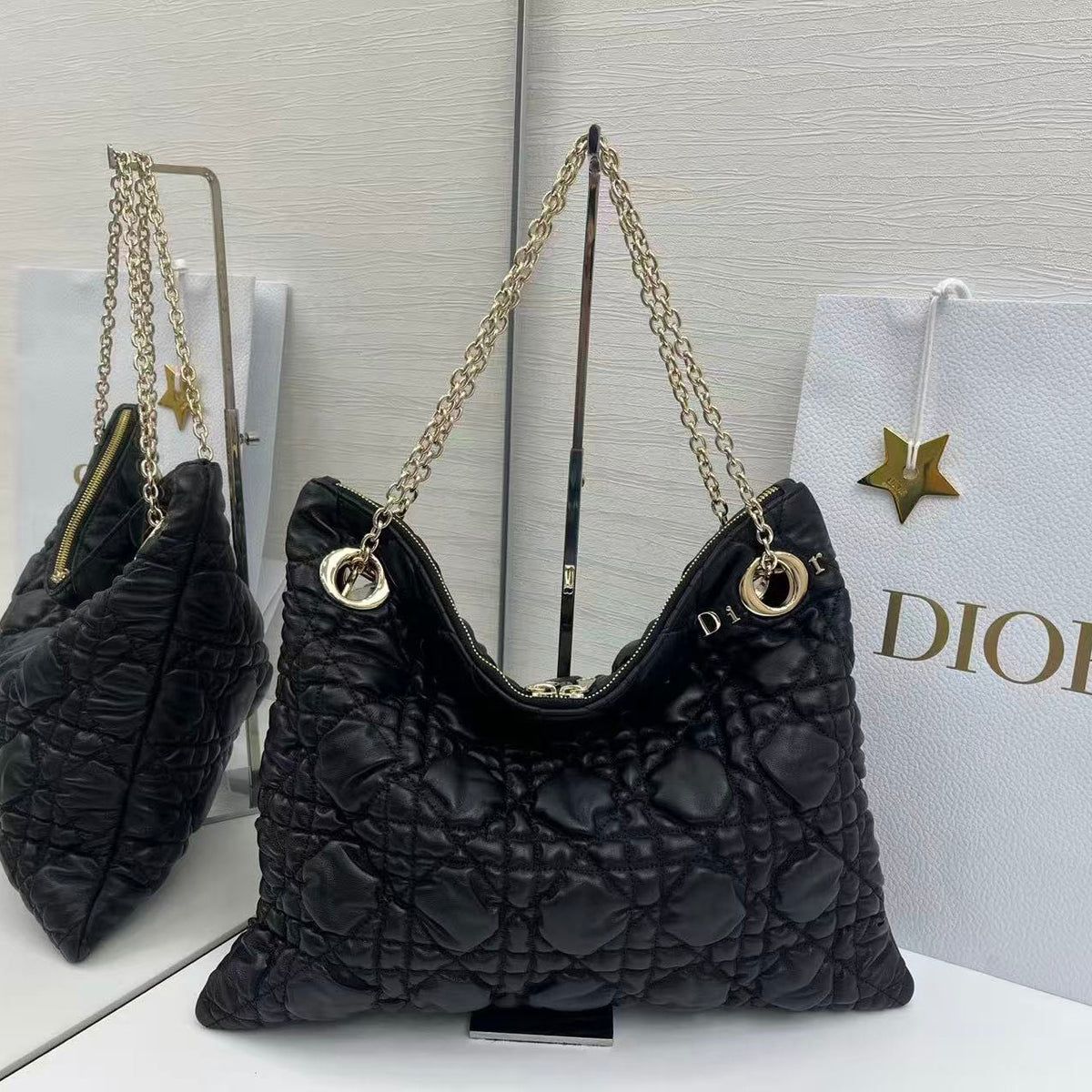 Dior 2026 Crunchy Bag 38cm Black Puffy Macrocannage Calfskin