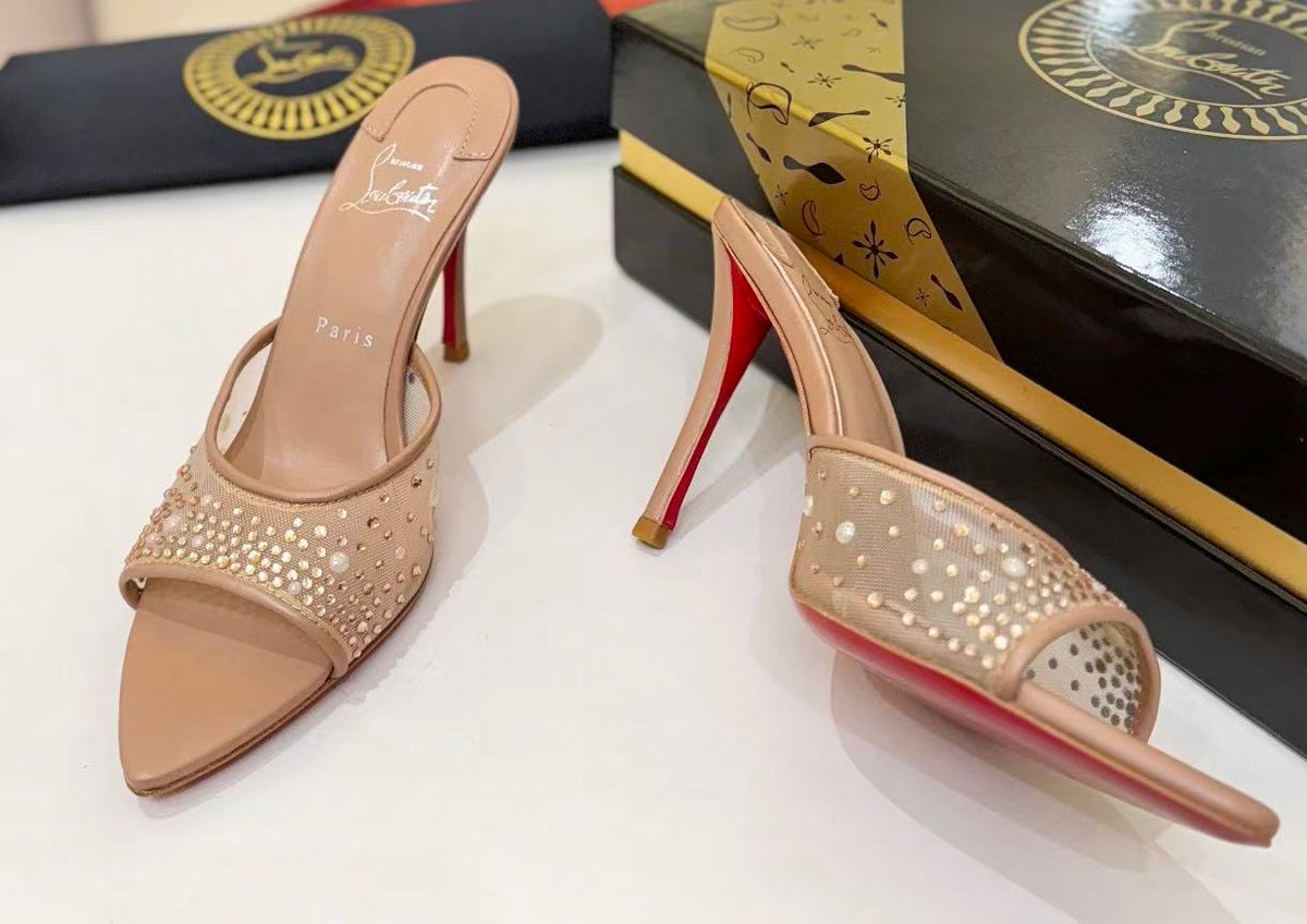 Christian Louboutin 2026 Miss Z Degrasstrass Perla 80mm Mule Beige Red Mesh Leather