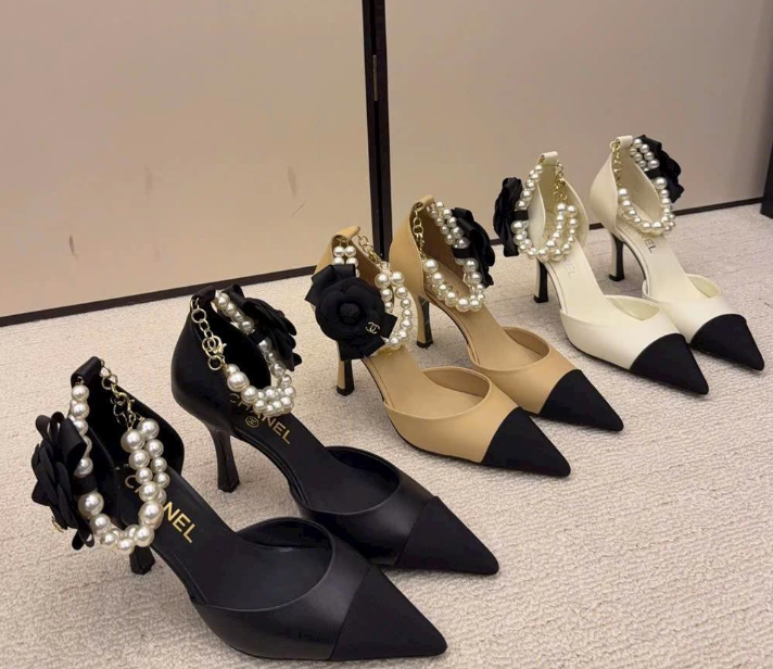 CC 26 Heeled 70mm Slingback With Pearl Ankle Strap Lambskin Fabric