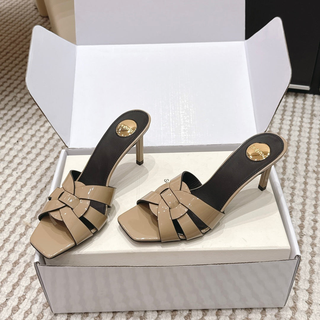 YSL 26ss High-Heeled Slippers 75 Patent Leather