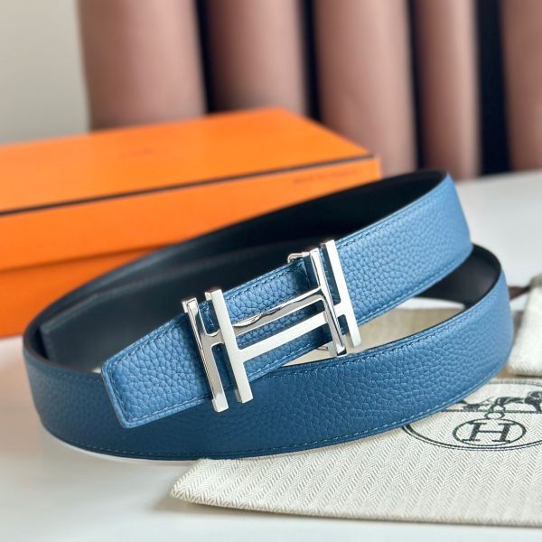 HERM H au Carre Reversible Belt 32MM in Blue Clemence Leather