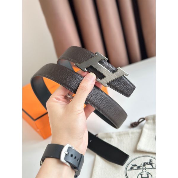 HERM H Speed Reversible Belt 32MM in Chocolate Clemence Leather