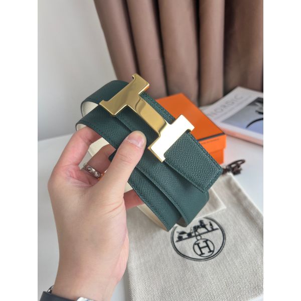 HERM Constance Reversible Belt 38MM in Green and Craie Epsom Calfskin