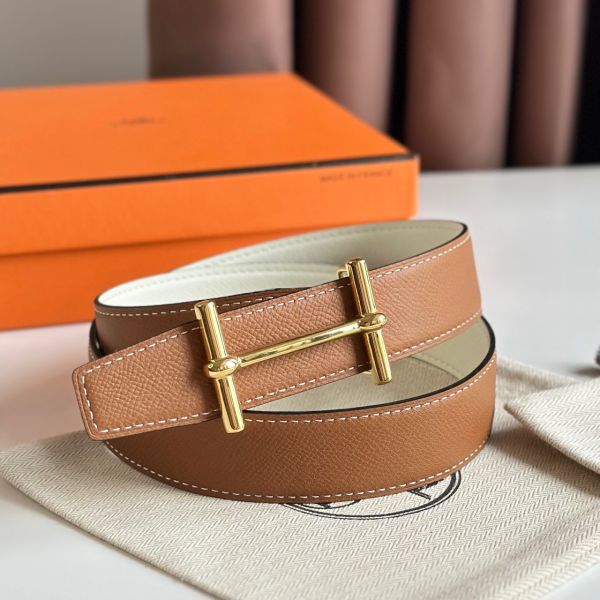 HERM H d'Ancre Reversible Belt 32MM in Gold and White Epsom Calfskin
