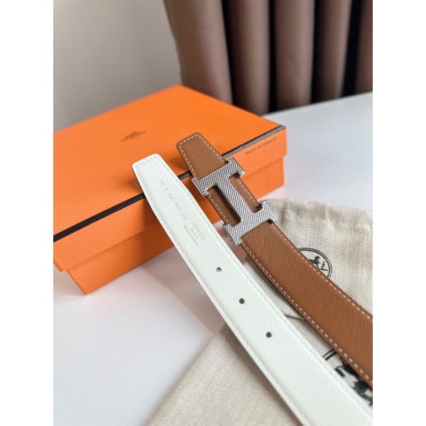 HERM H Guillochee Reversible Belt 32MM in Gold and White Epsom Calfskin