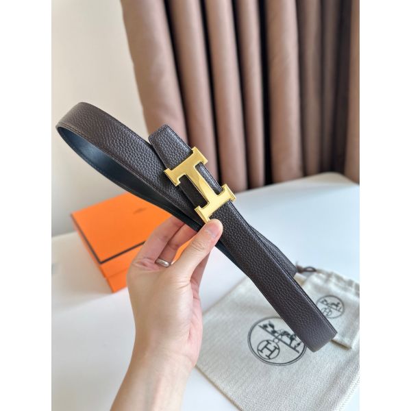 HERM H Reversible Belt 32MM in Chocolate Clemence Leather