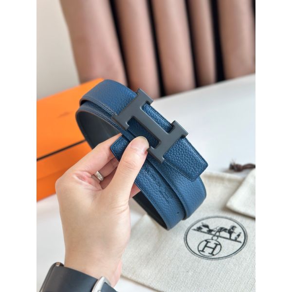 HERM H Reversible 32MM Belt with Matte Buckle in Blue Clemence Leather