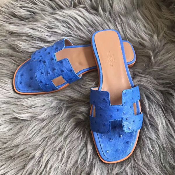 HERM Oran Sandals In Blue Hydra Ostrich Leather