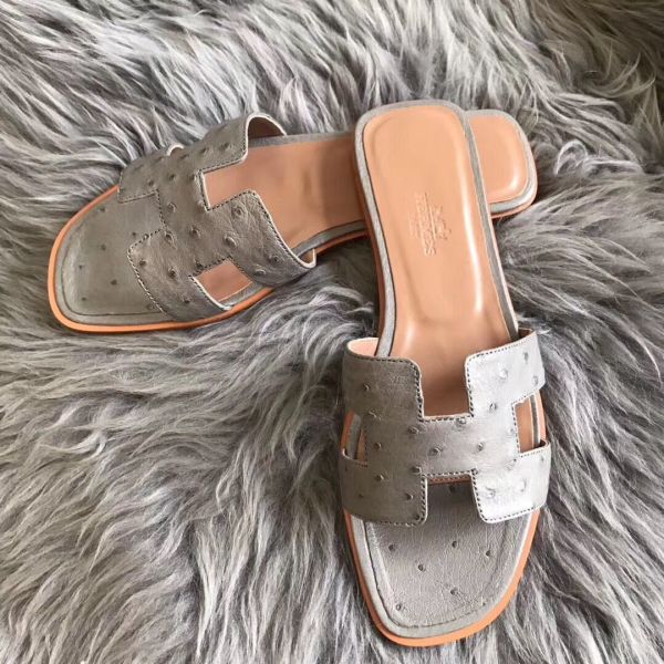 HERM Oran Sandals In Grey Ostrich Leather