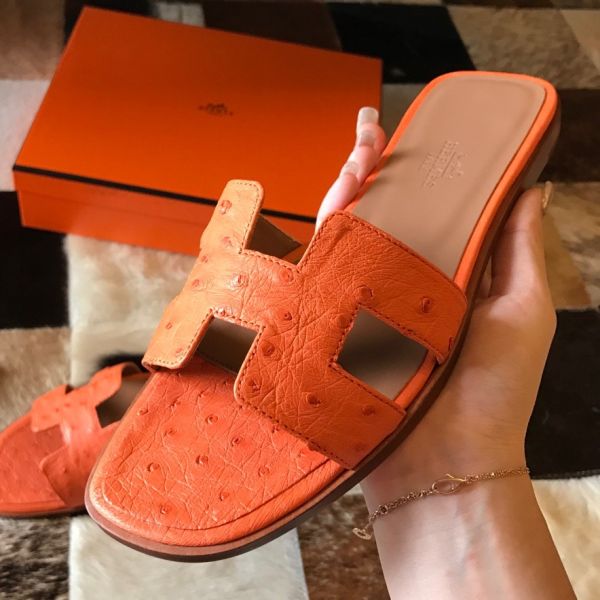 HERM Oran Slide Sandals In Orange Ostrich Leather
