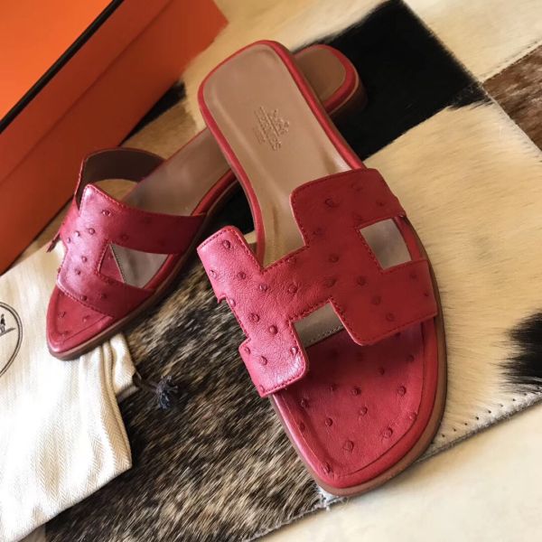 HERM Oran Sandals In Red Ostrich Leather