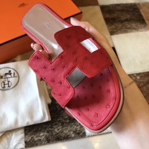 HERM Oran Sandals In Red Ostrich Leather