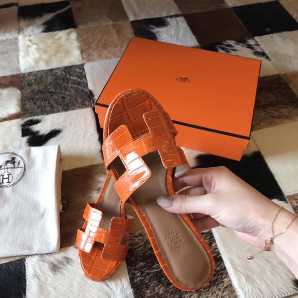 HERM Oasis Sandals In Orange Shiny Niloticus Crocodile