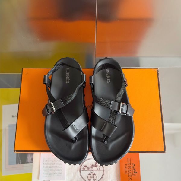 HERM Inboard Sandals in Black Leather and Ribbon