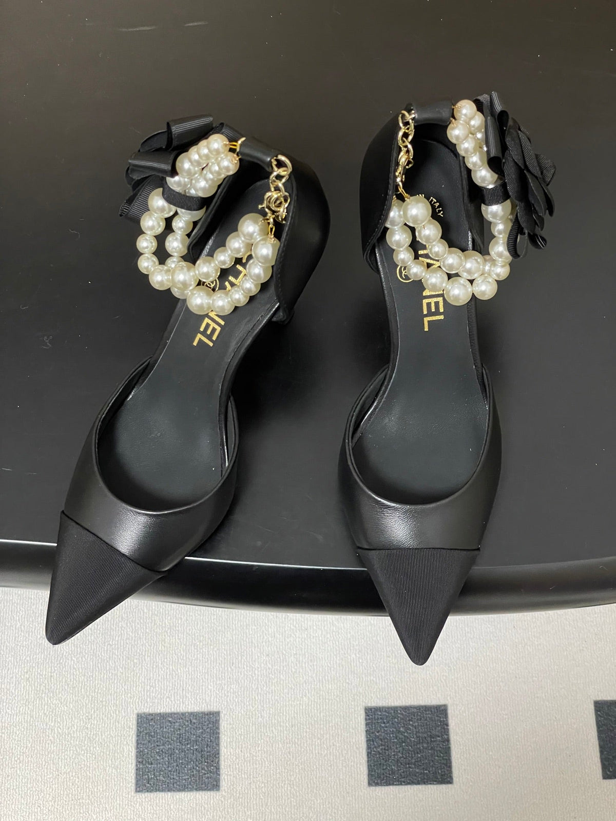 CC 26 Heeled 70mm Slingback With Pearl Ankle Strap Lambskin Fabric