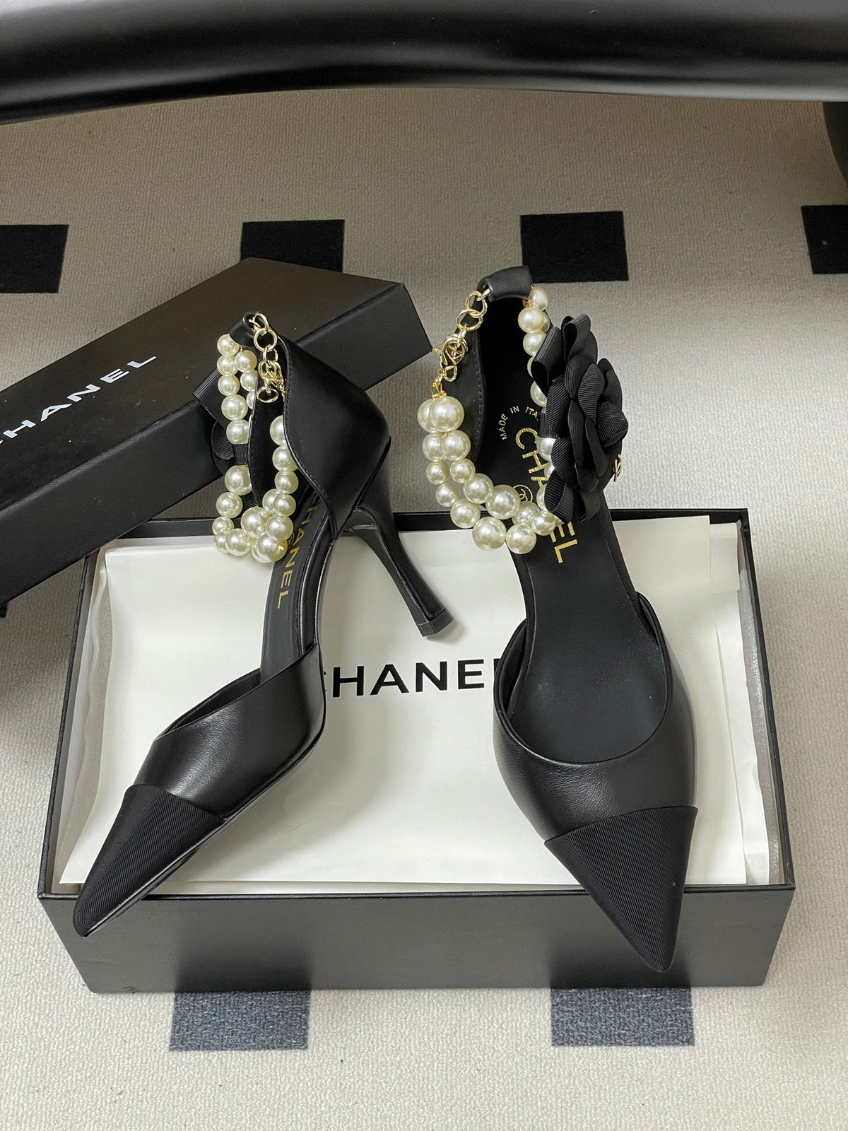 CC 26 Heeled 70mm Slingback With Pearl Ankle Strap Lambskin Fabric